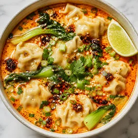 Red curry dumpling soup with bok choy, scallions, sesame, and chili crisp