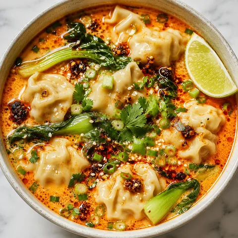 Red curry dumpling soup with bok choy, scallions, sesame, and chili crisp