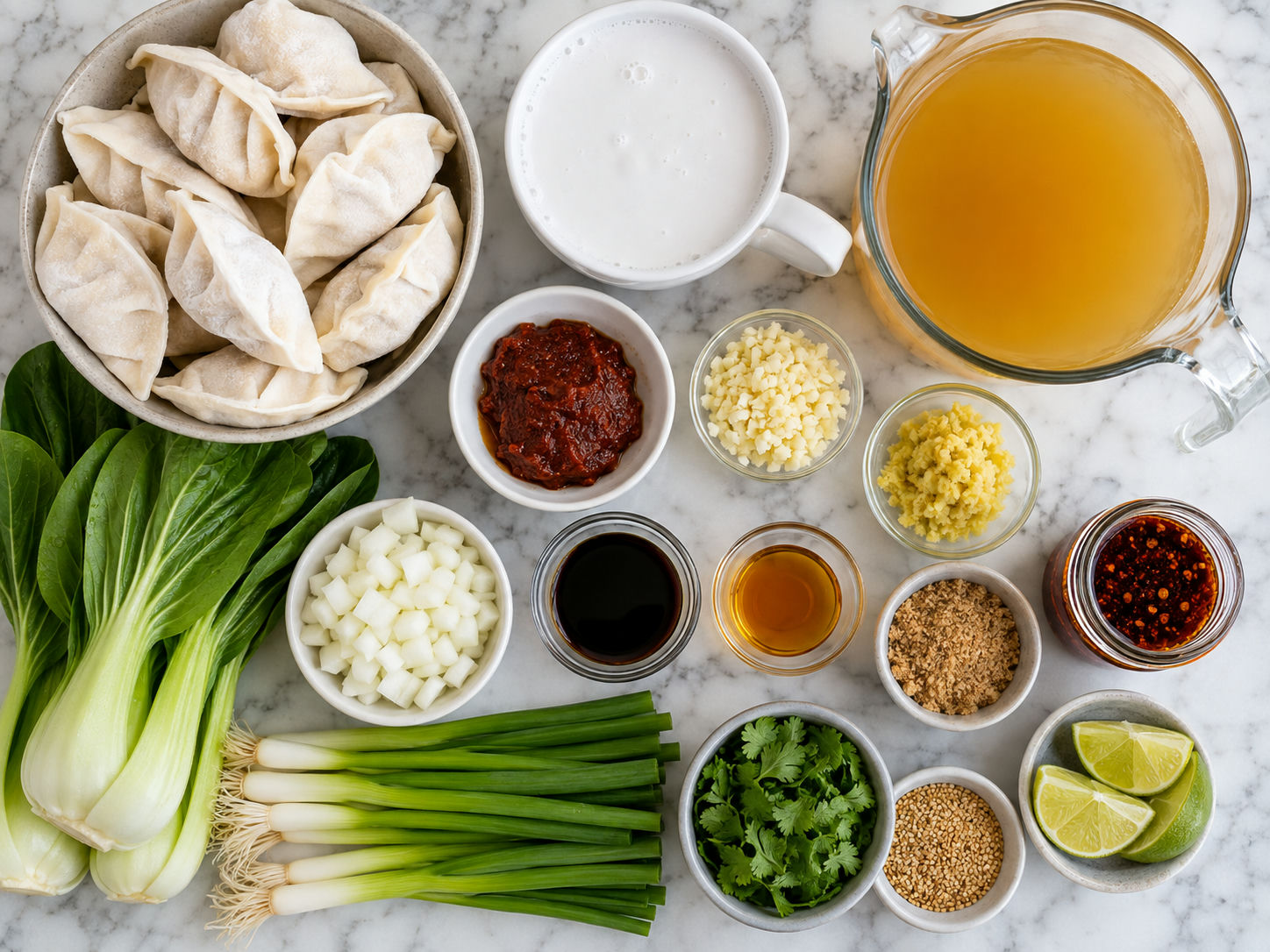 Ingredients for red curry dumpling soup with coconut milk and bok choy