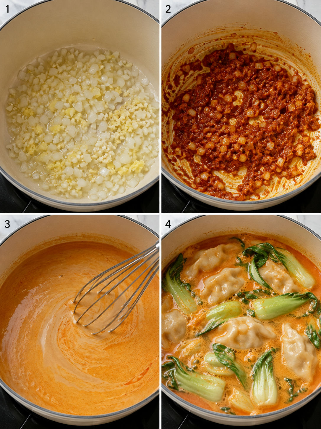 Four cooking steps for red curry dumpling soup in a pot