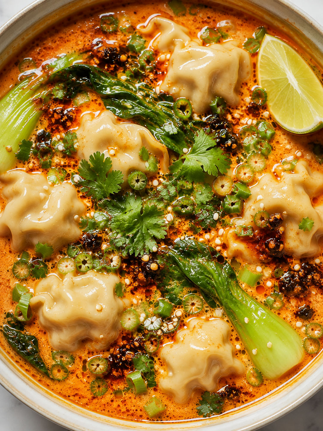 Top-down red curry dumpling soup with bok choy and chili crisp