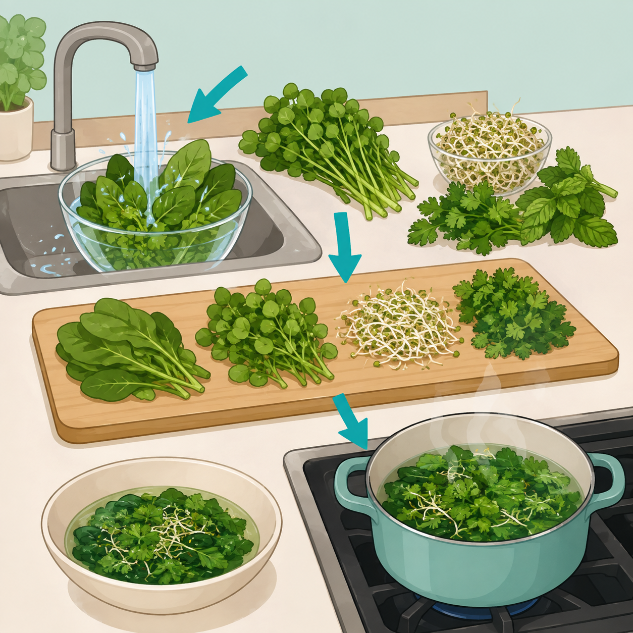 Illustration of safe vegetable handling with greens, watercress, sprouts, washing, separating, and cooking.