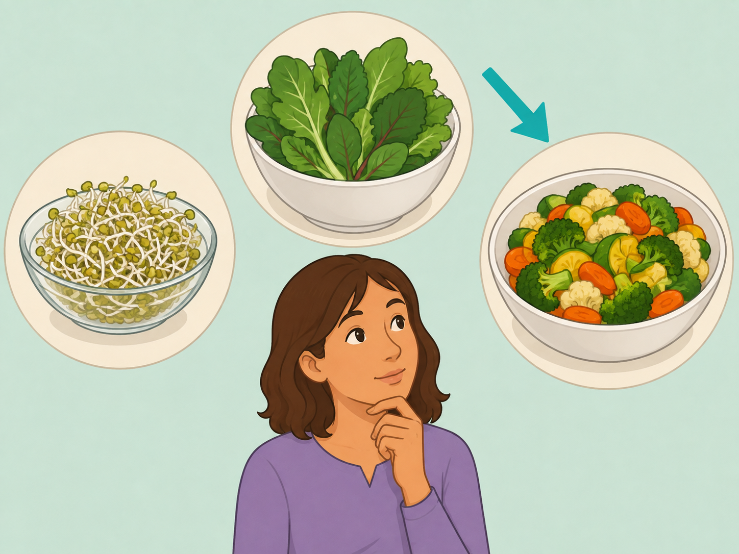 Person choosing cooked vegetables instead of higher-risk raw sprouts.