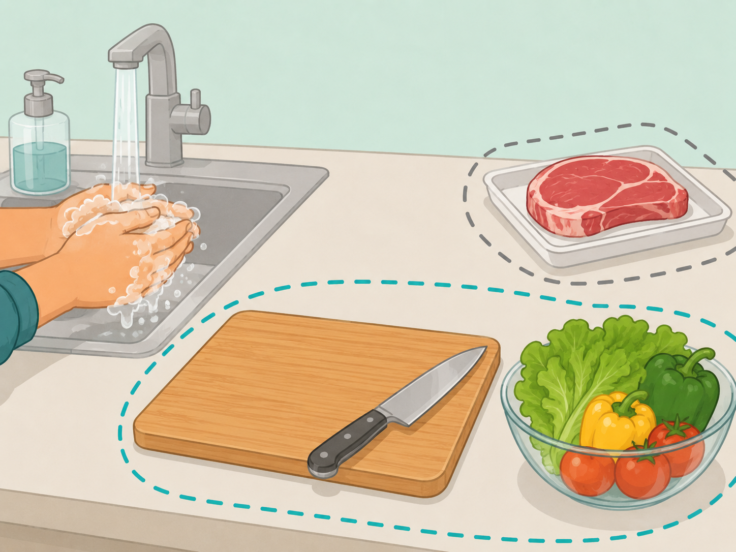 Hands washing before preparing vegetables on a clean cutting board.