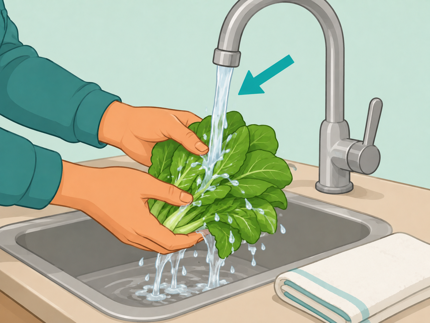 Leafy vegetables being rinsed under plain running water.