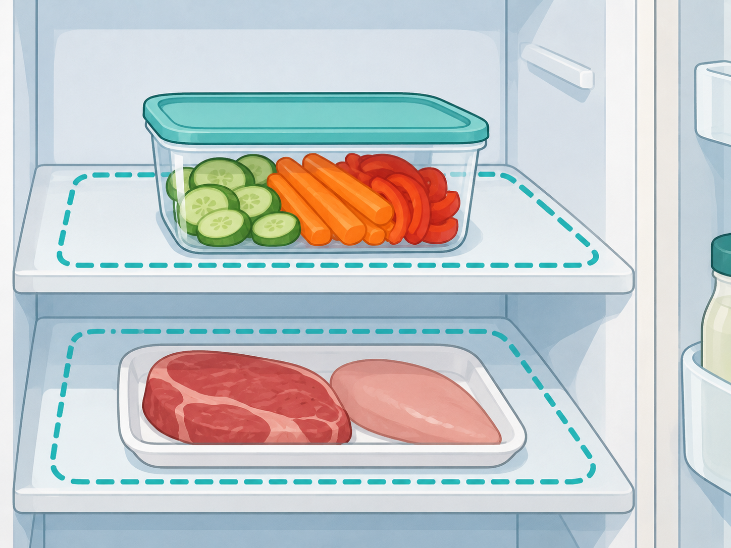 Cut vegetables stored cold and separate from raw meat.