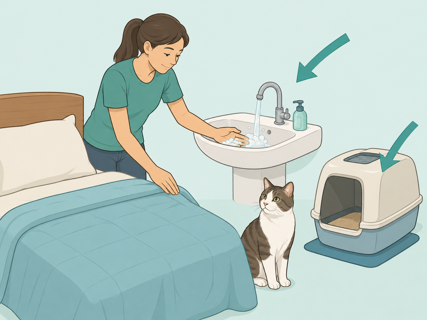 Person setting up safer hygiene habits before sleeping near a cat.