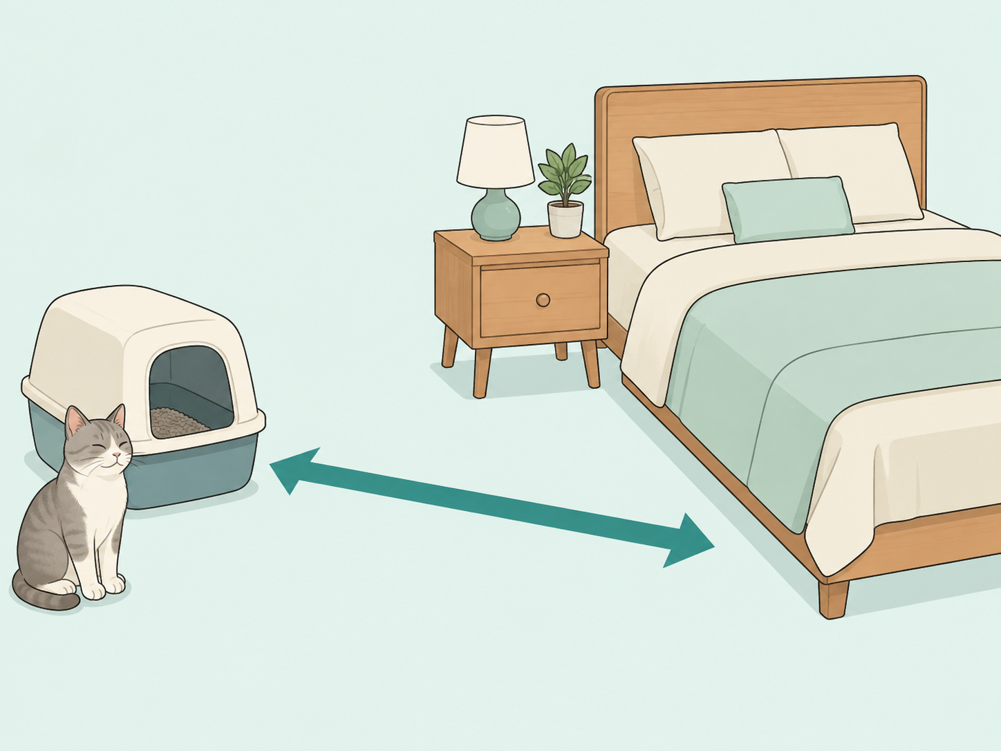 Cat litter box kept away from the bedroom and bedding.