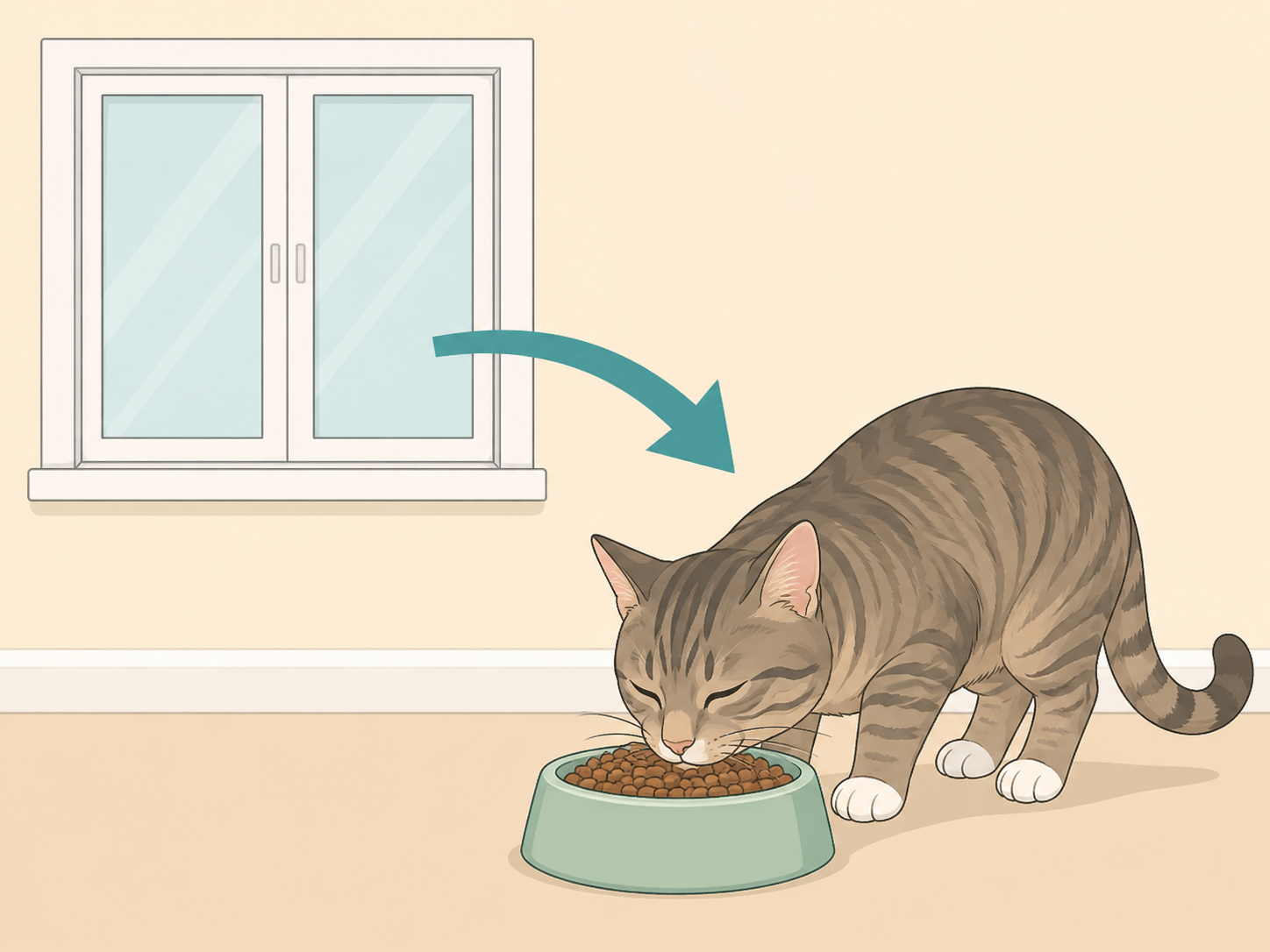 Indoor cat eating safe commercial food.