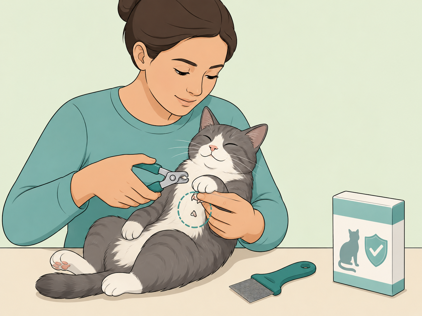 Person preventing scratches by safely trimming a cat's nails.
