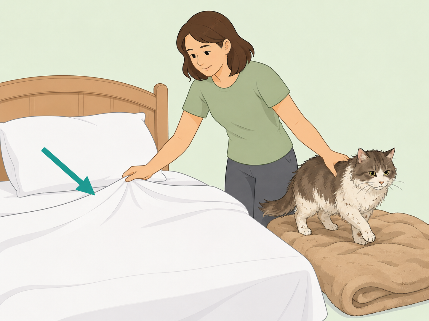 Person keeping bedding clean and pausing bed sharing when a cat is dirty.