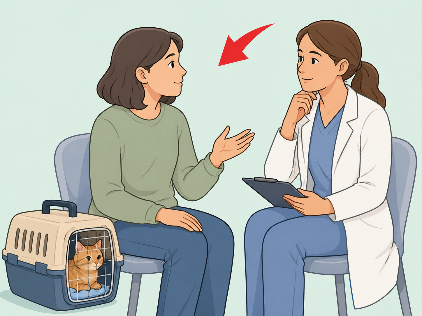 Person talking to a doctor about cat-related health concerns.
