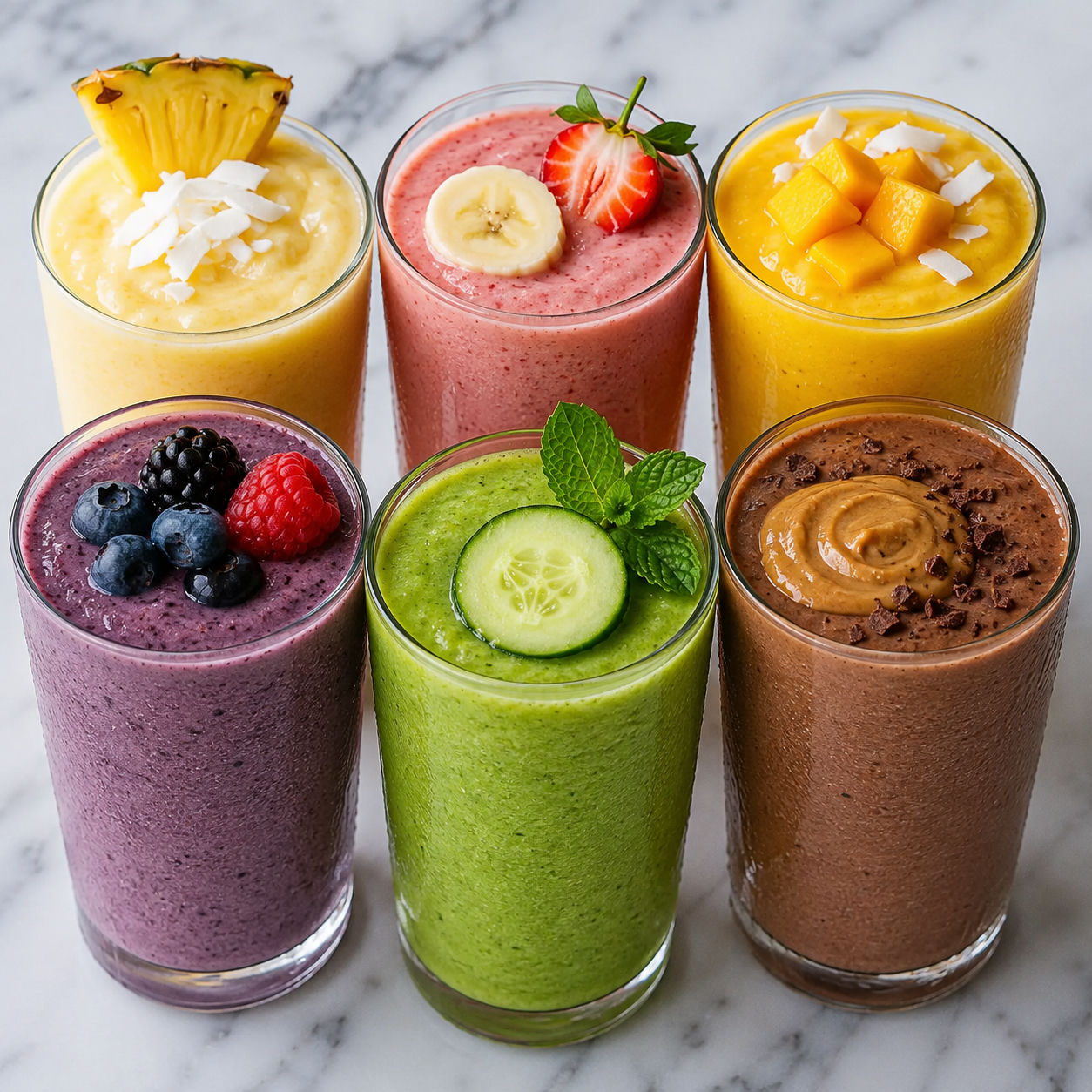 Six colorful refreshing smoothies with fruit garnishes on marble