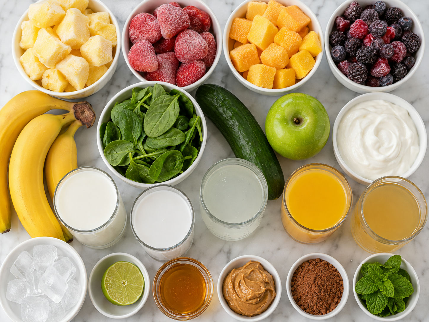 Smoothie ingredients with fruit, yogurt, greens, milk, and cocoa