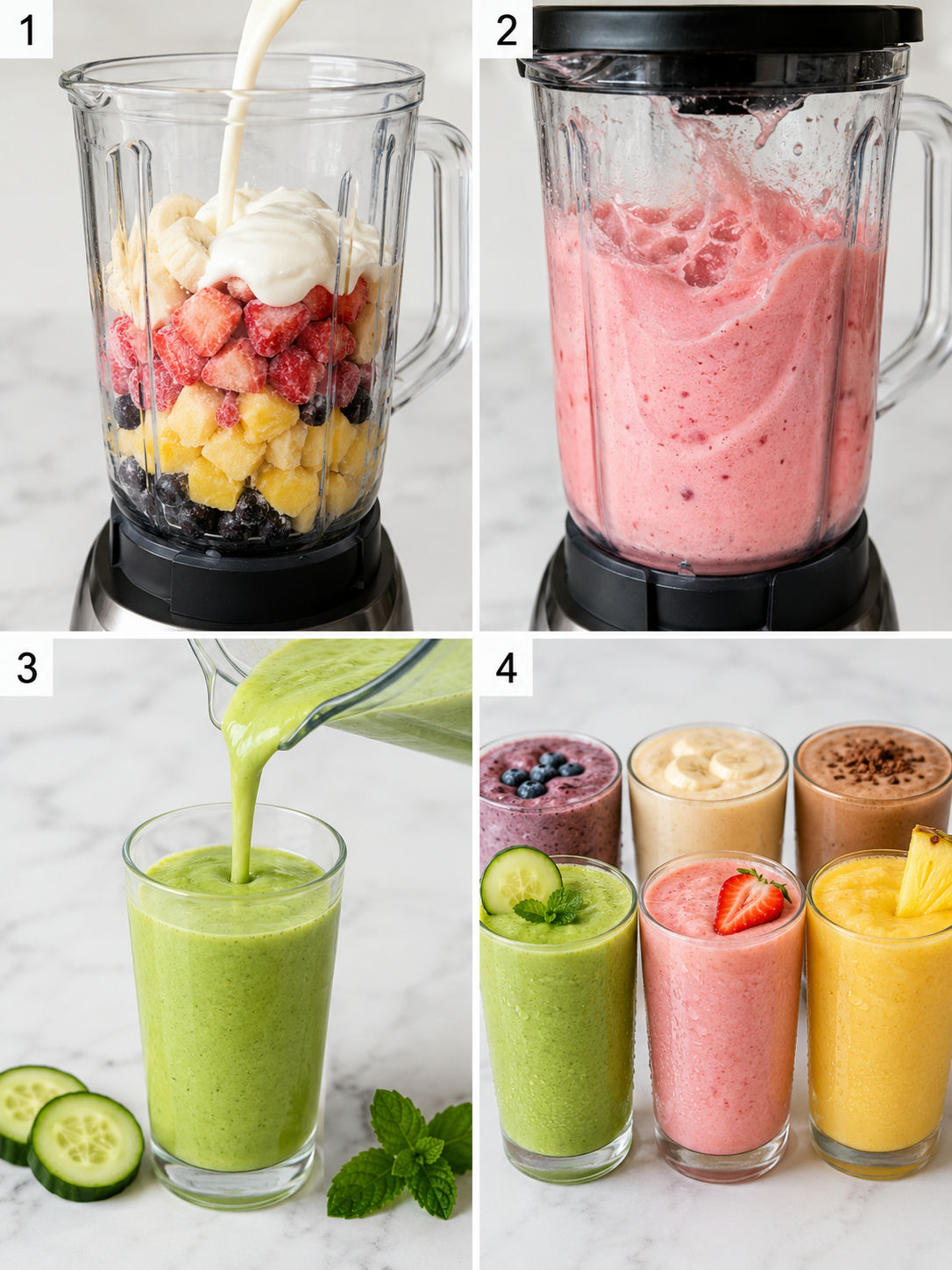 Four steps for blending and serving colorful refreshing smoothies