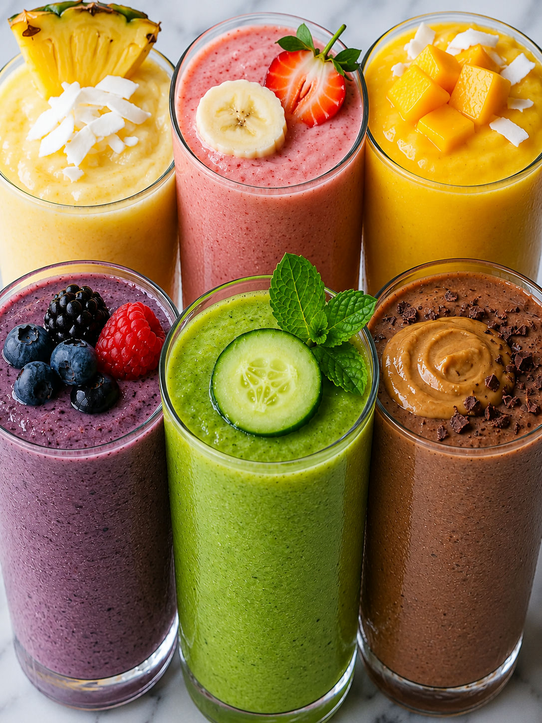 Six frosty refreshing smoothies in bright fruit colors