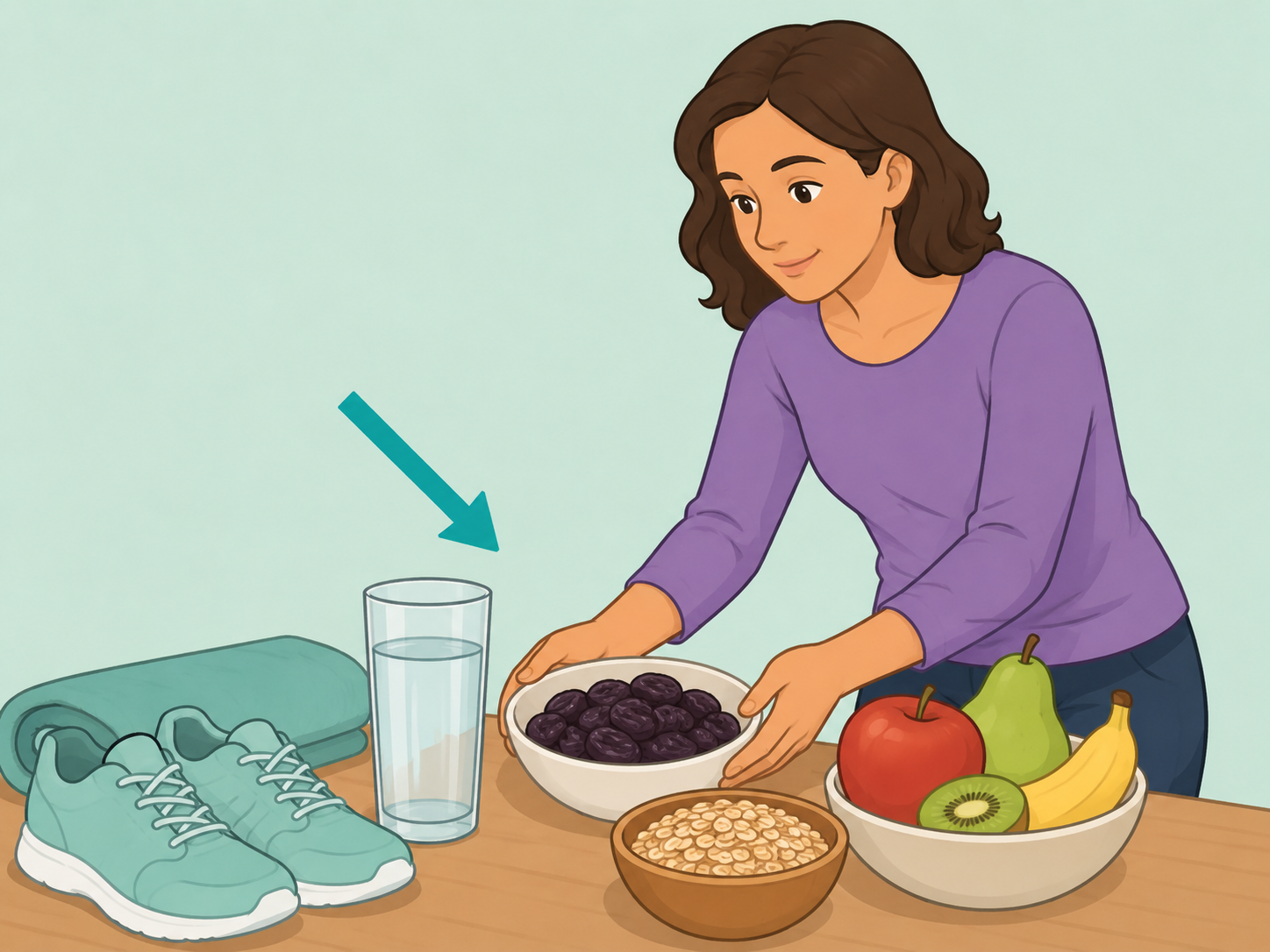 Illustration of water, prunes, fiber-rich foods, and walking shoes for natural constipation relief.