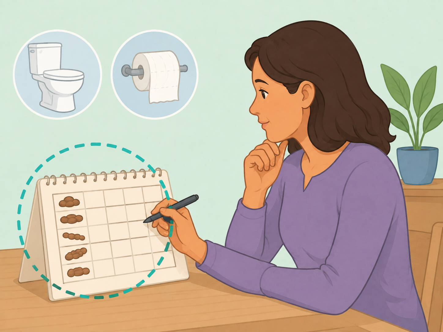 Person checking bowel habit symptoms before trying home constipation care.