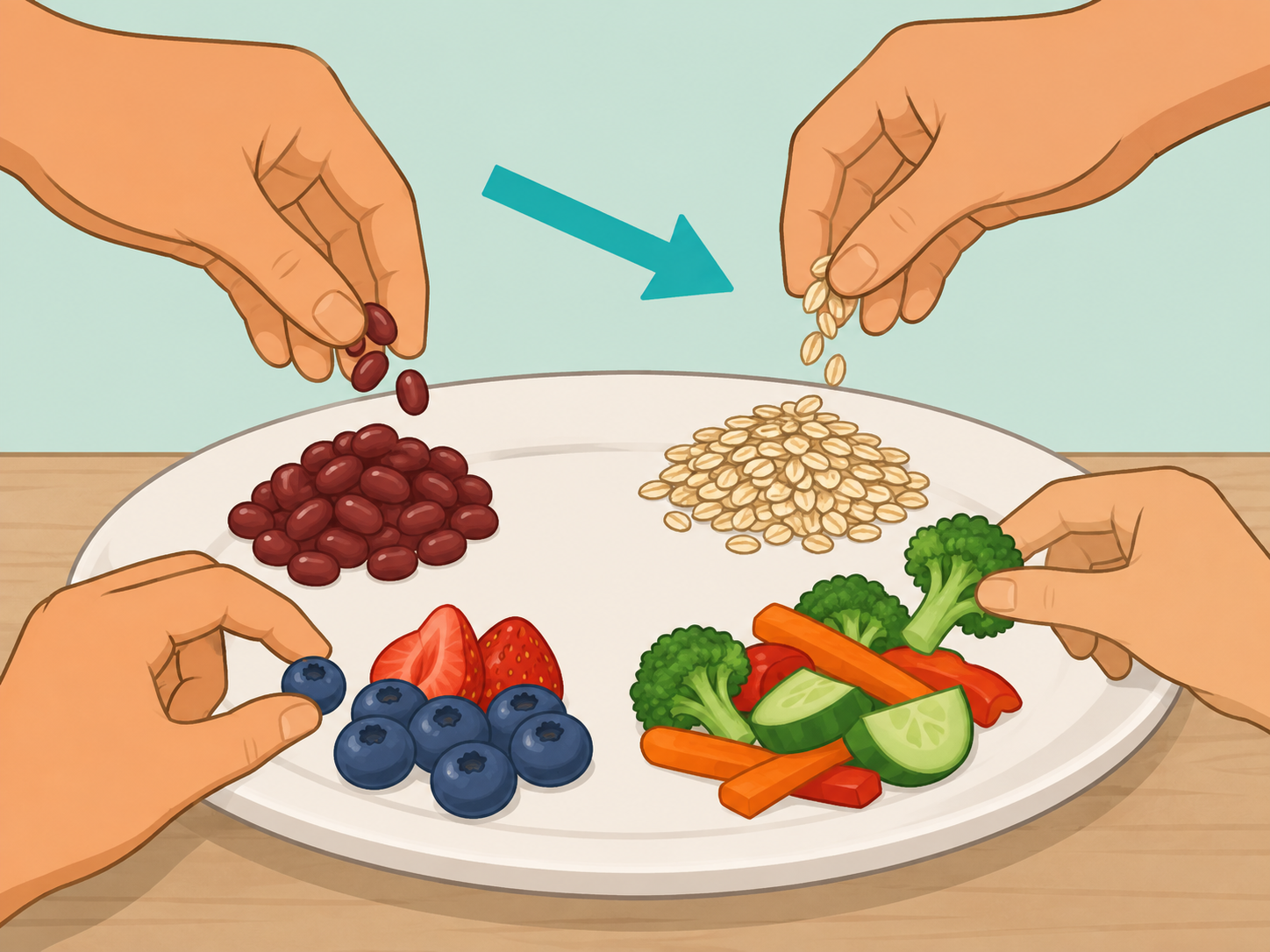 Hands gradually adding high-fiber foods to a meal.