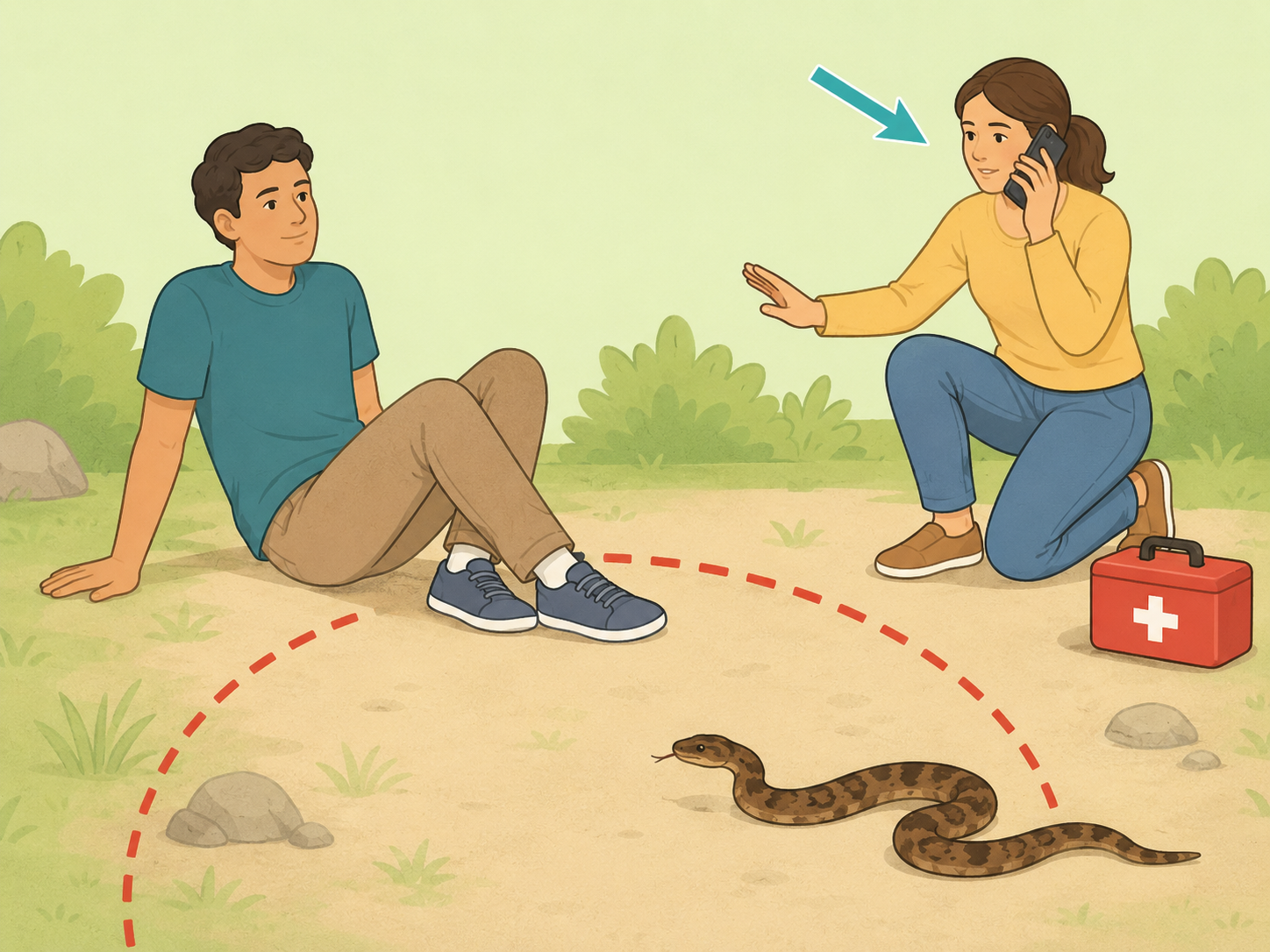 Illustration of a person safely away from a snake while emergency help is called.