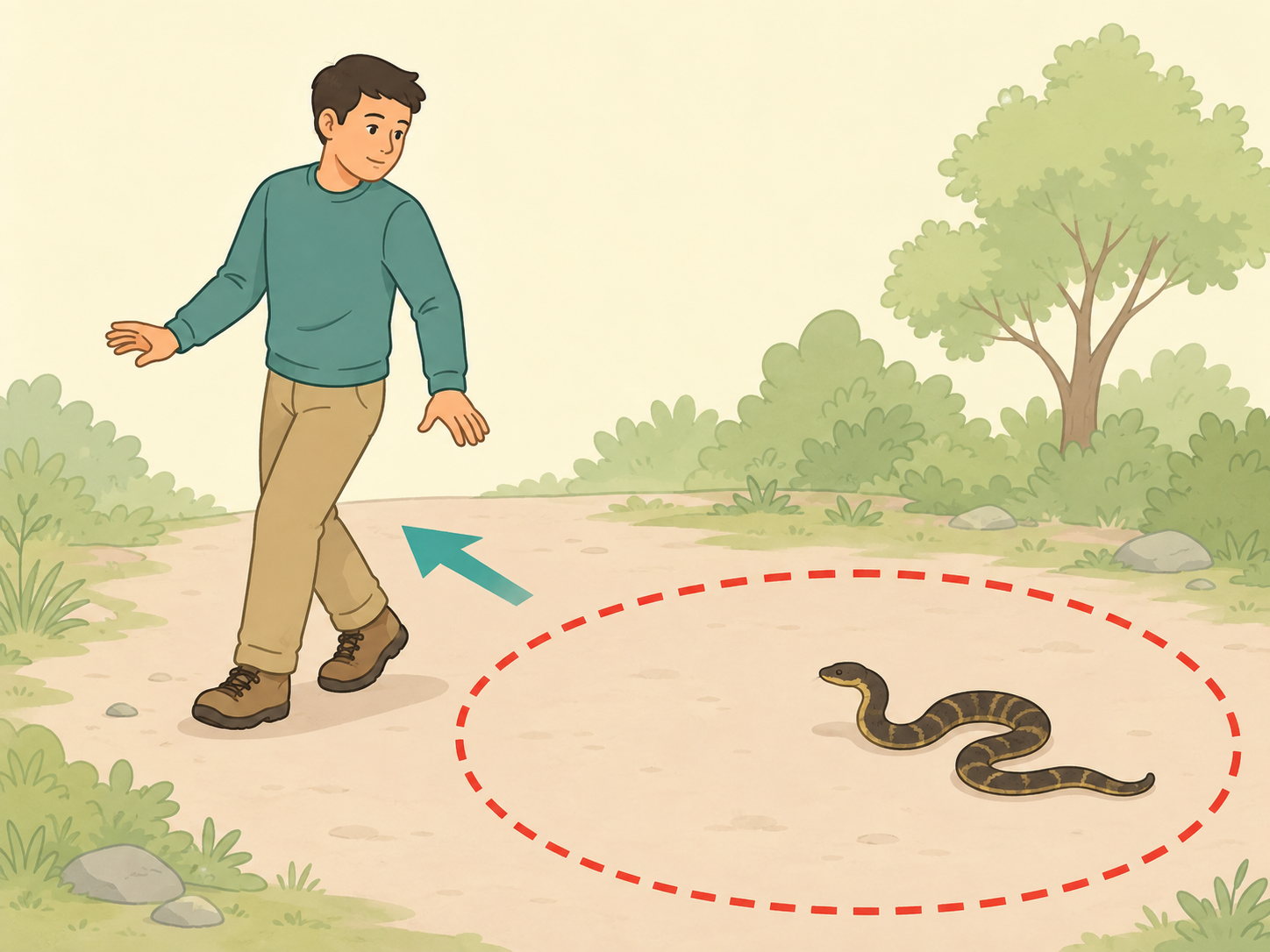 Person moving safely away from a snake after a bite.