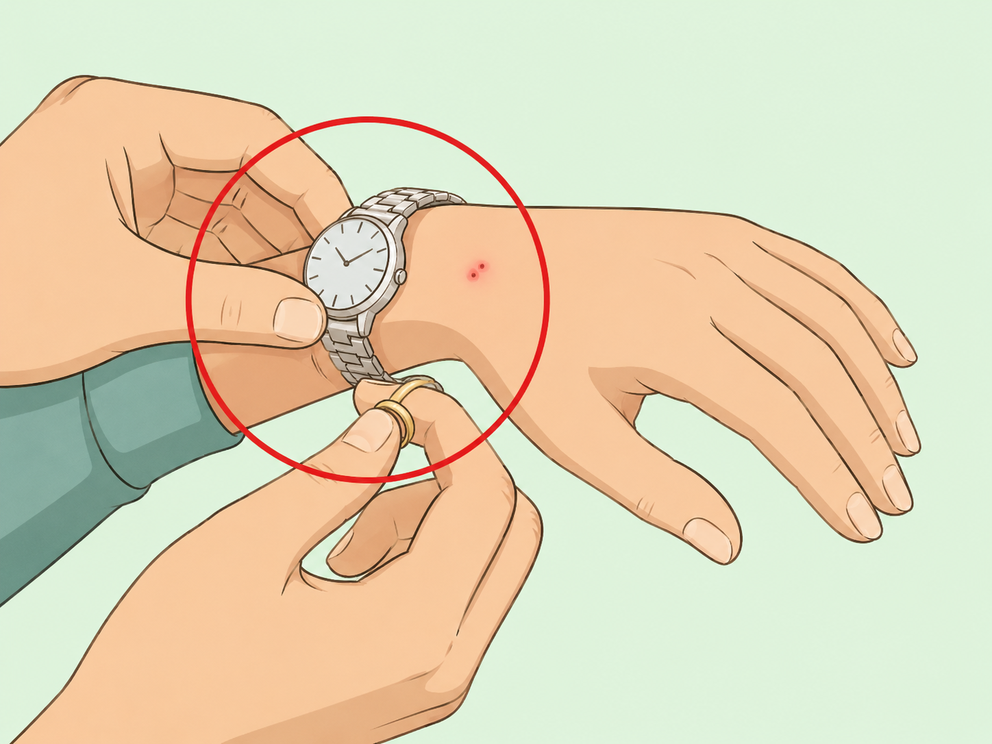 Hands removing jewelry near a snake bite before swelling starts.