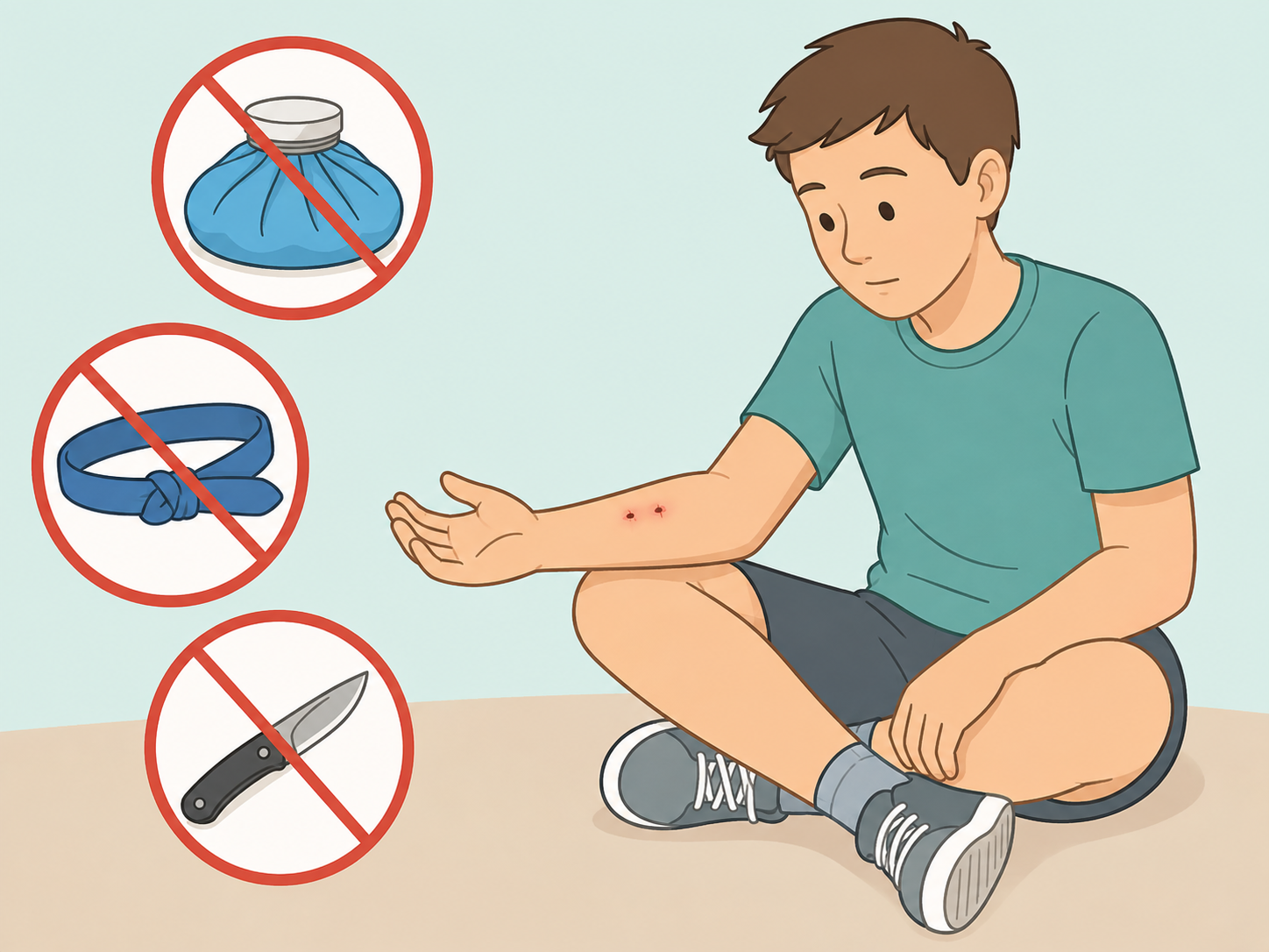 Unsafe snake bite remedies such as ice, cutting, and tourniquets shown as things to avoid.