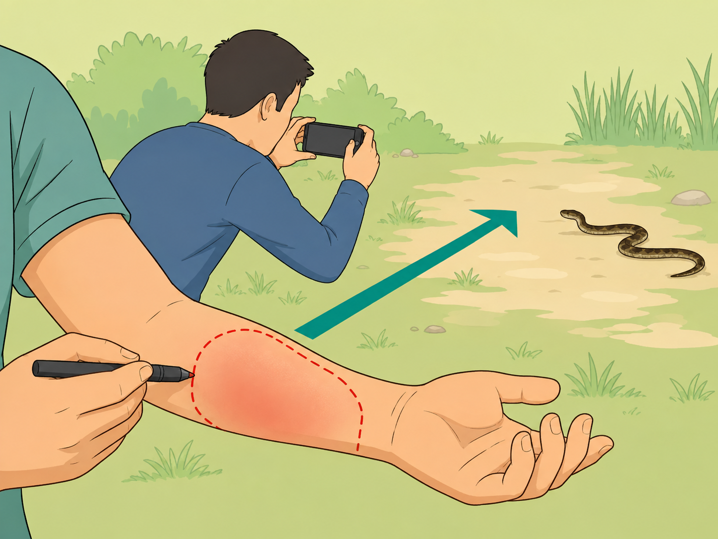 Person noting snake details from a safe distance and marking swelling.