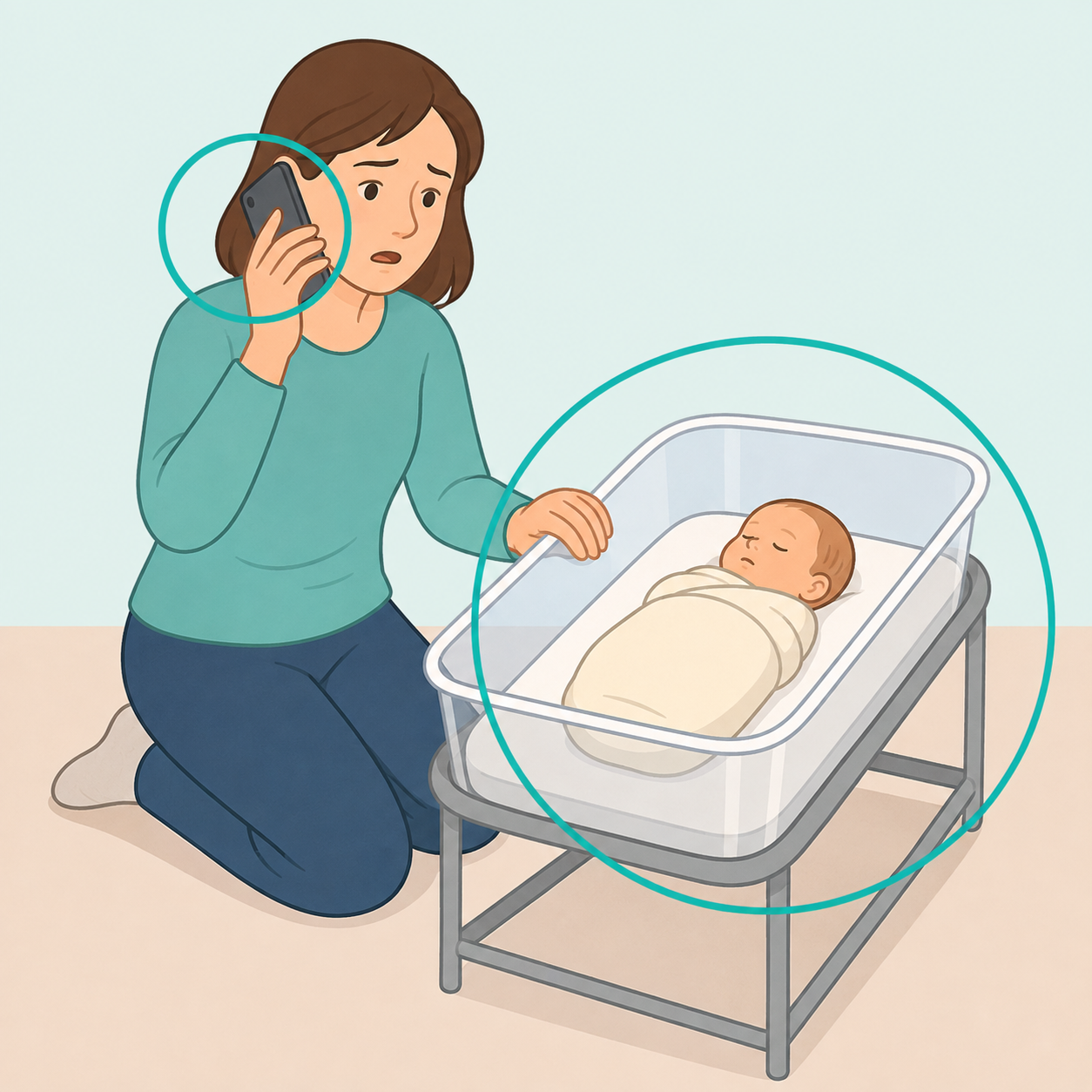 Adult calling for help while a newborn rests safely in a bassinet.