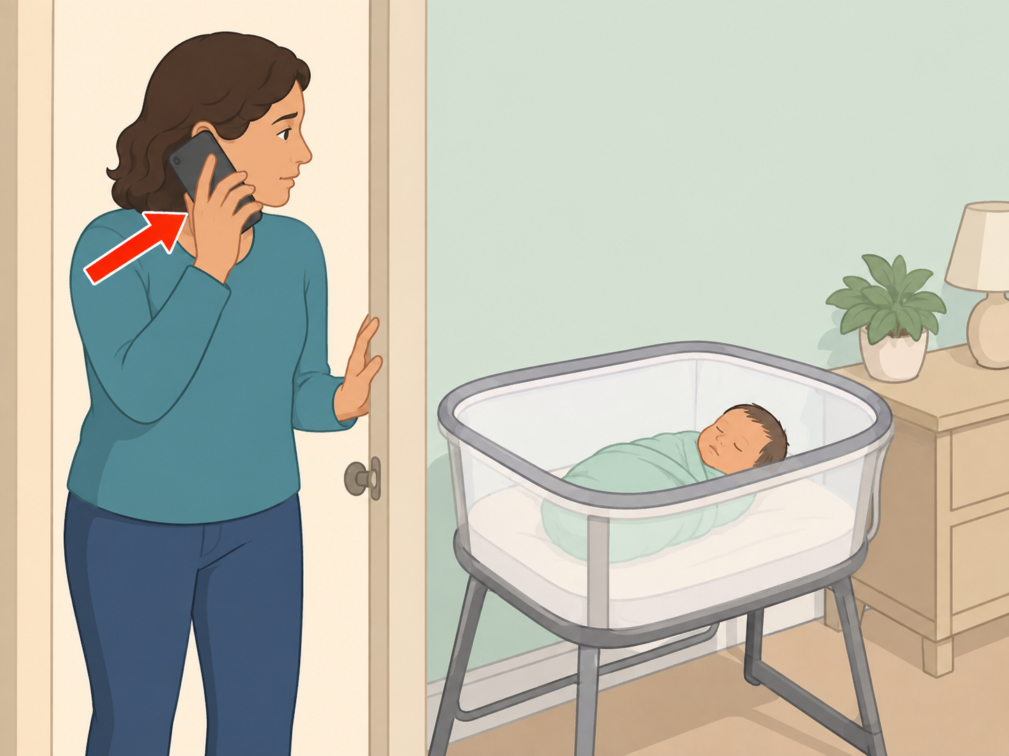 Adult calling emergency help after finding a newborn unattended.