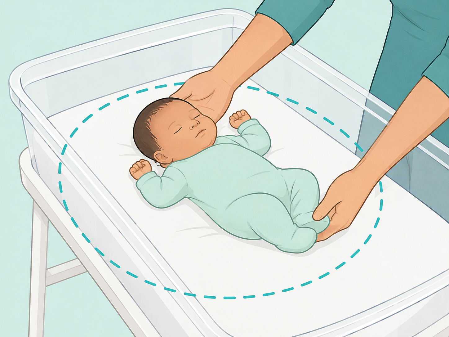 Newborn placed on their back in a clear safe sleep space.