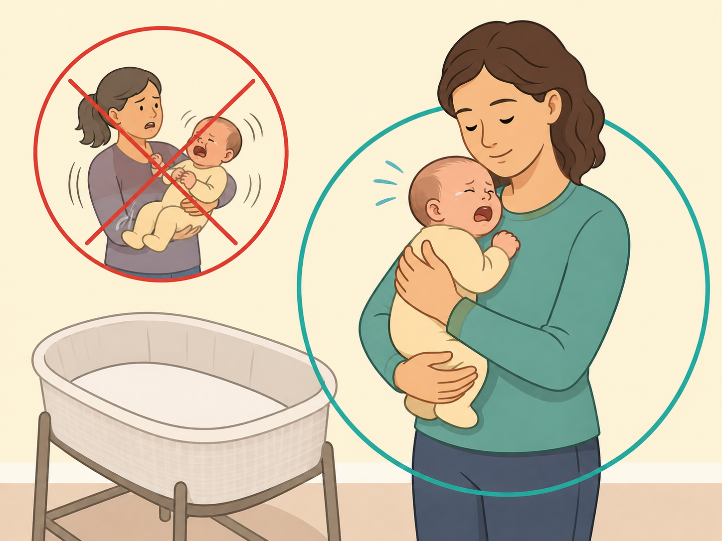 Adult soothing a crying newborn gently without shaking.