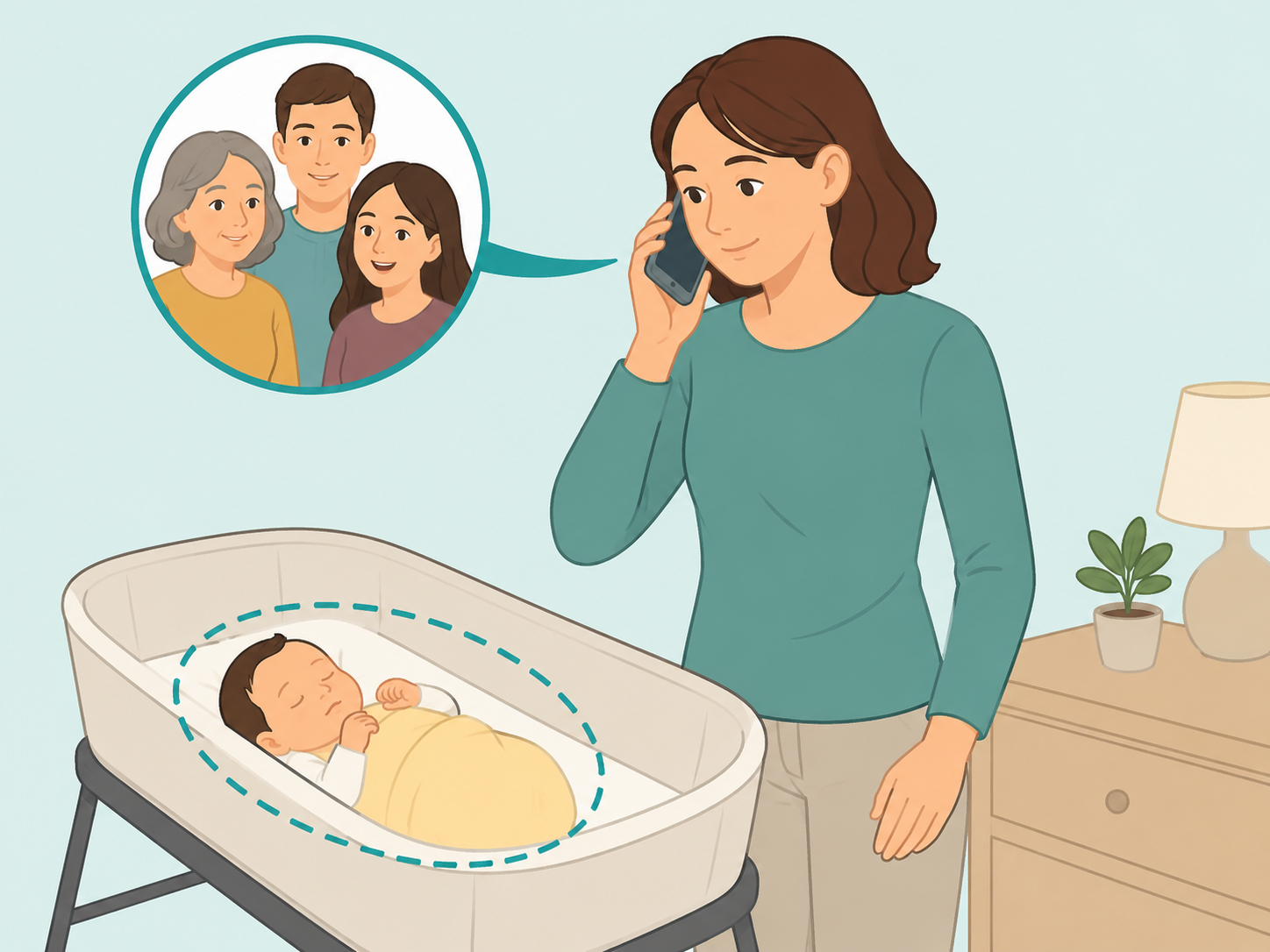 Adult looking for a caregiver while keeping the newborn supervised.