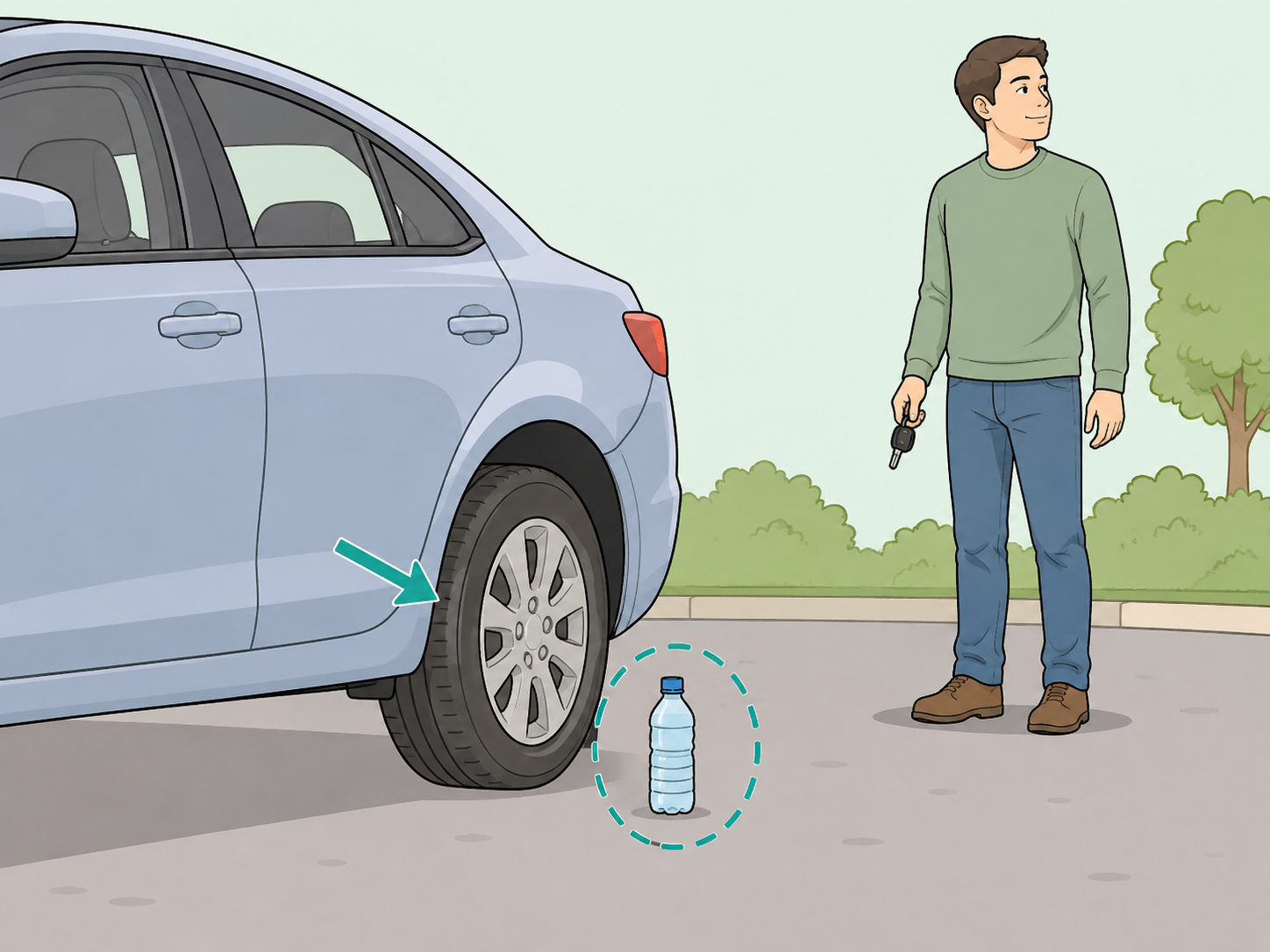 Driver calmly noticing a plastic bottle near a parked car tire and checking the area safely.