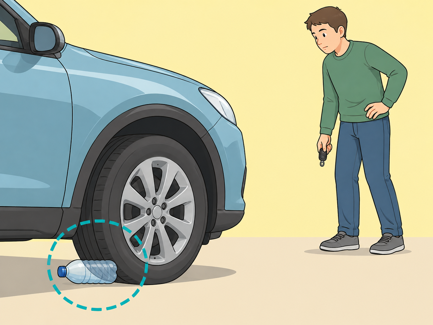 A driver notices a plastic bottle near a tire without panicking.