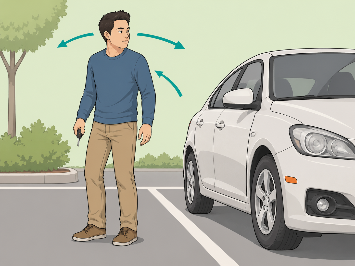 Person checking the surroundings before touching a bottle near a car tire.
