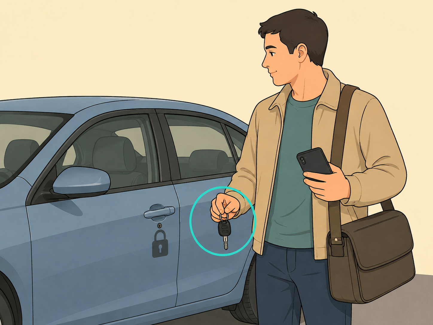 Driver keeps keys and valuables under control before inspecting the car.