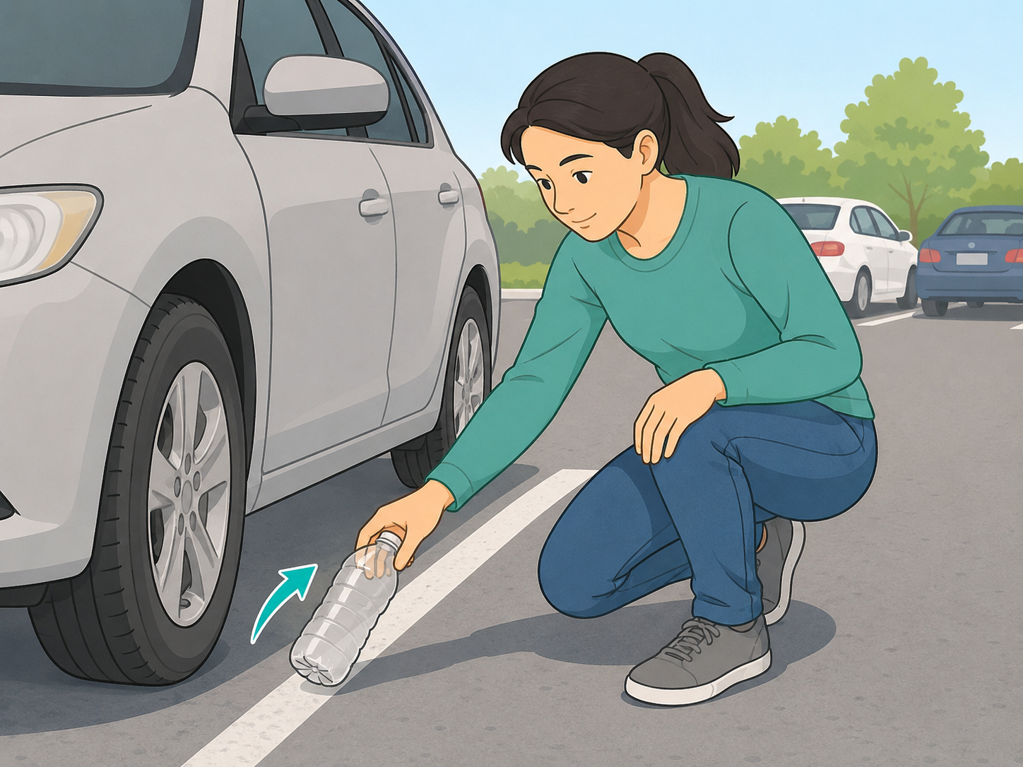 Person safely removing a plastic bottle from near a tire.