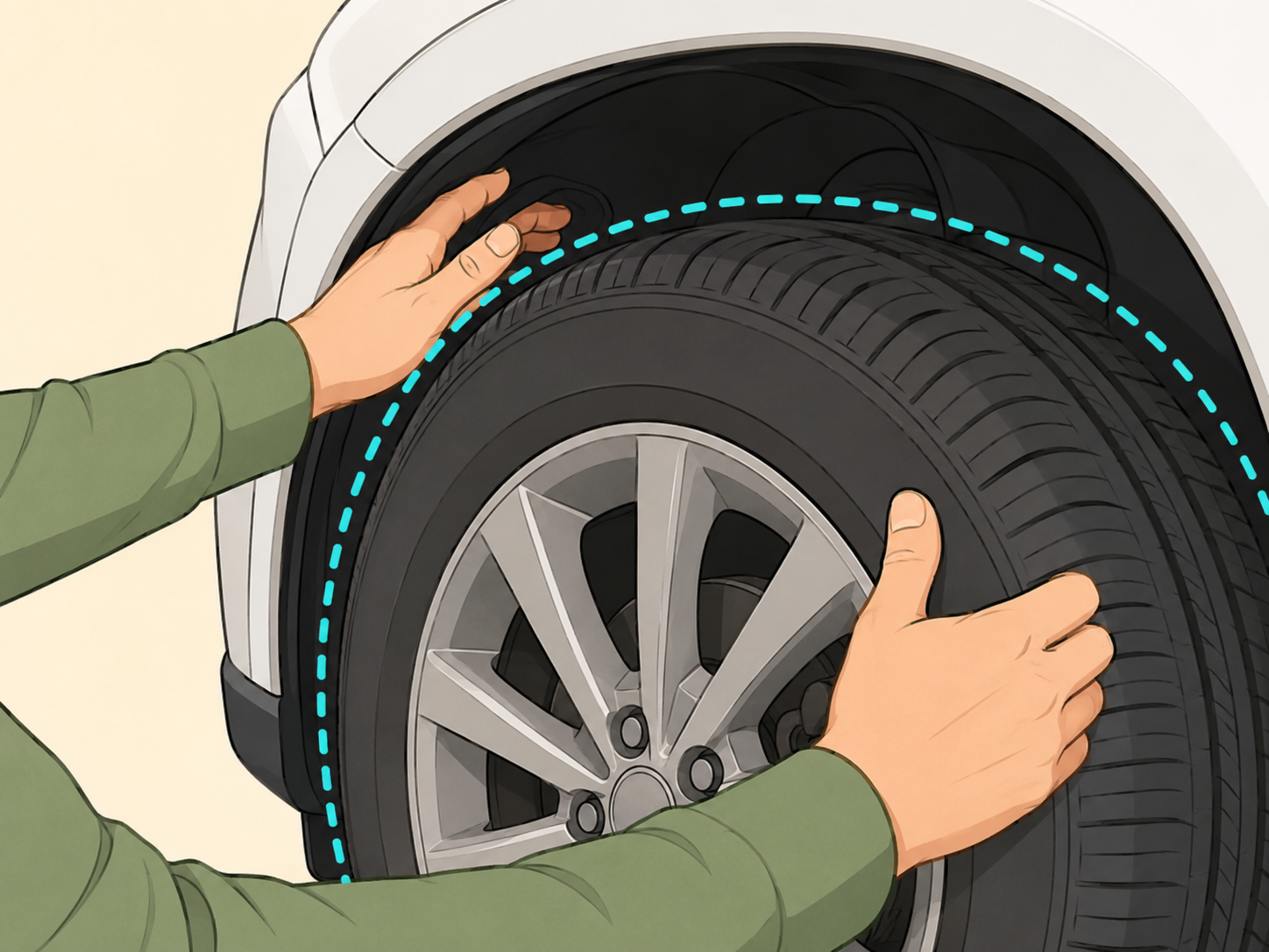 Hands inspecting a tire and wheel well for damage.