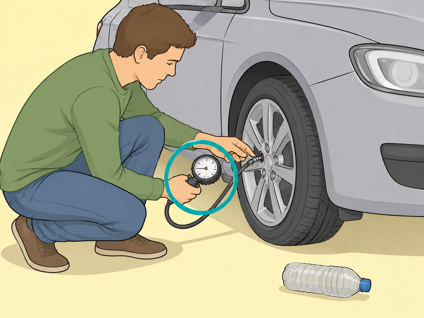 Driver checking tire pressure with a gauge after noticing a bottle.