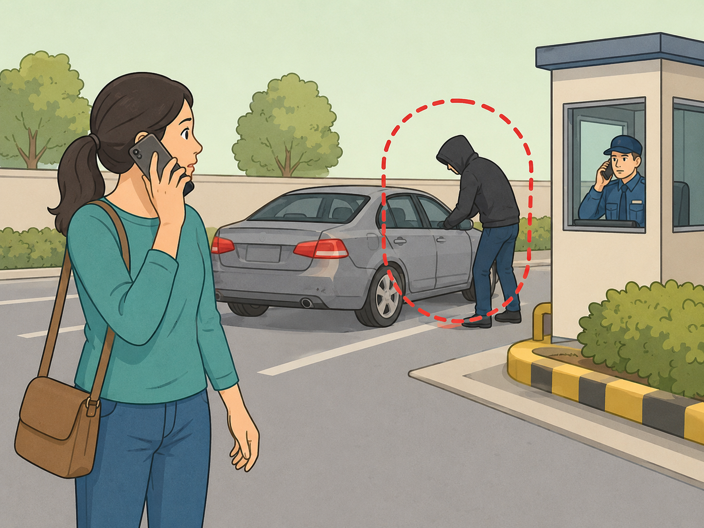 Driver reporting suspicious activity near a parked car.
