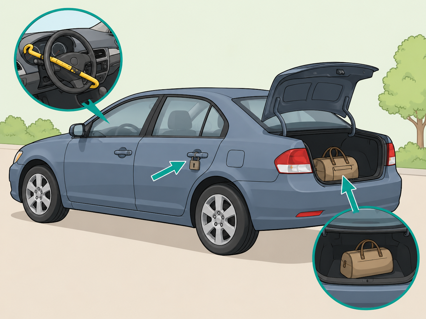 Car secured with locked doors, hidden valuables, and an anti-theft device.