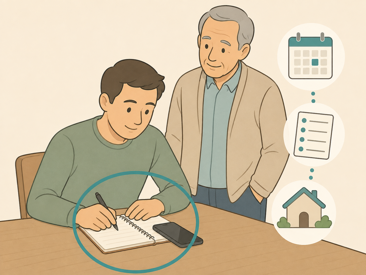 Adult child calmly documenting concerns about a widowed parent's dating pattern.