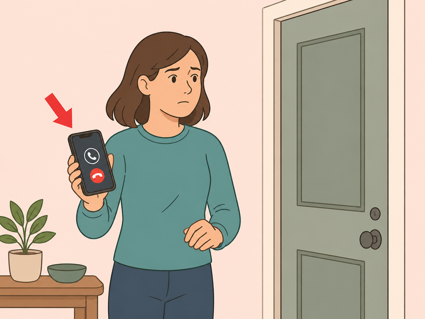 Person checking for immediate danger and preparing to call emergency help.