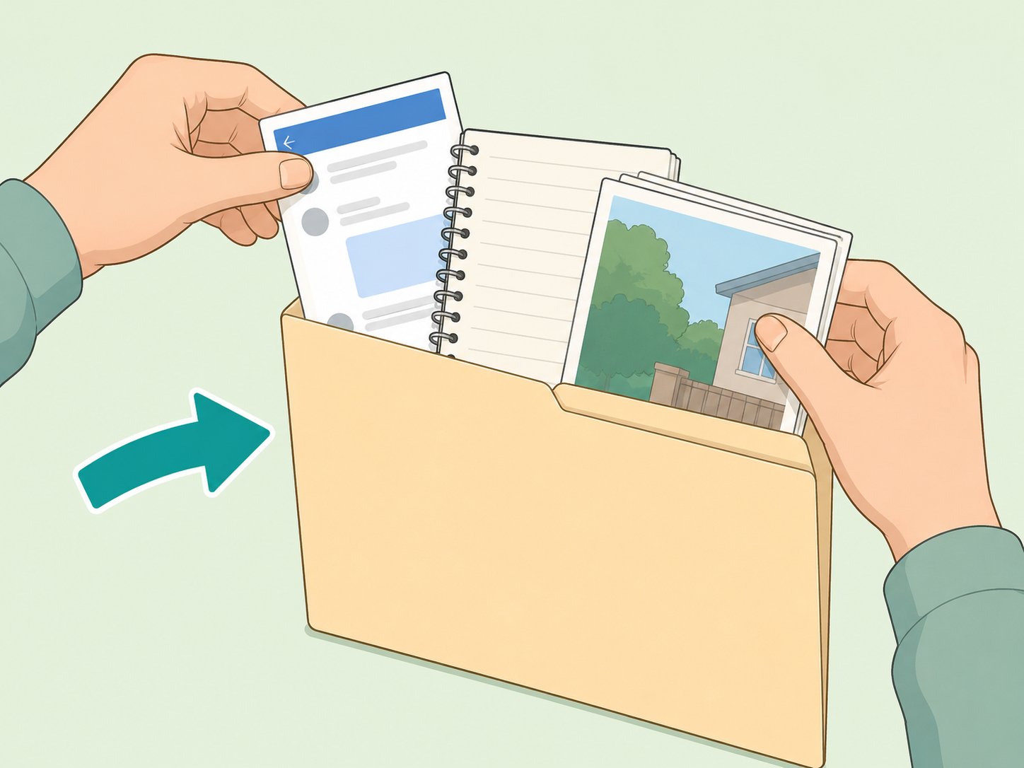 Hands organizing verified notes and digital evidence in a folder.
