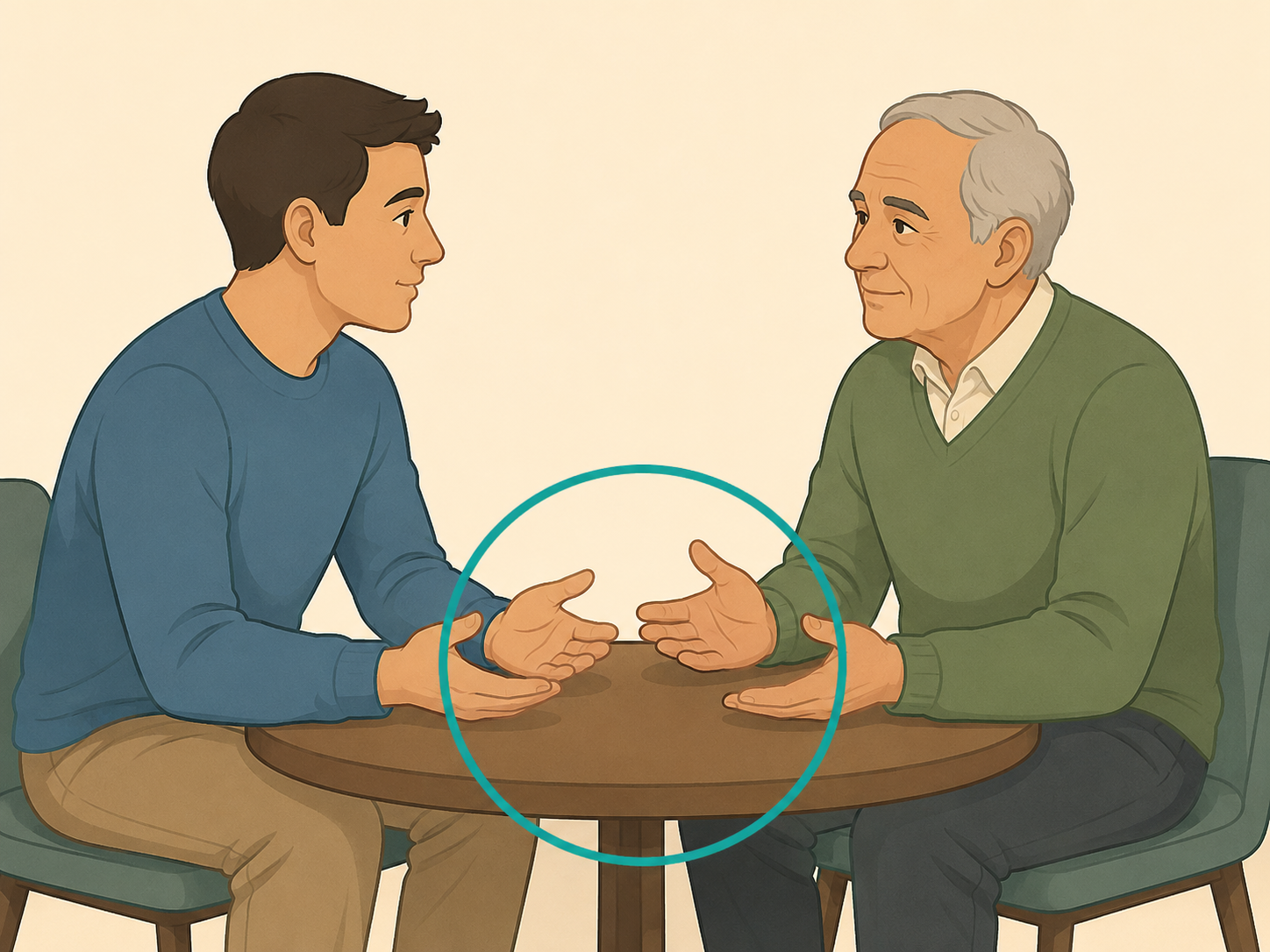 Adult child having a private calm conversation with an older father.