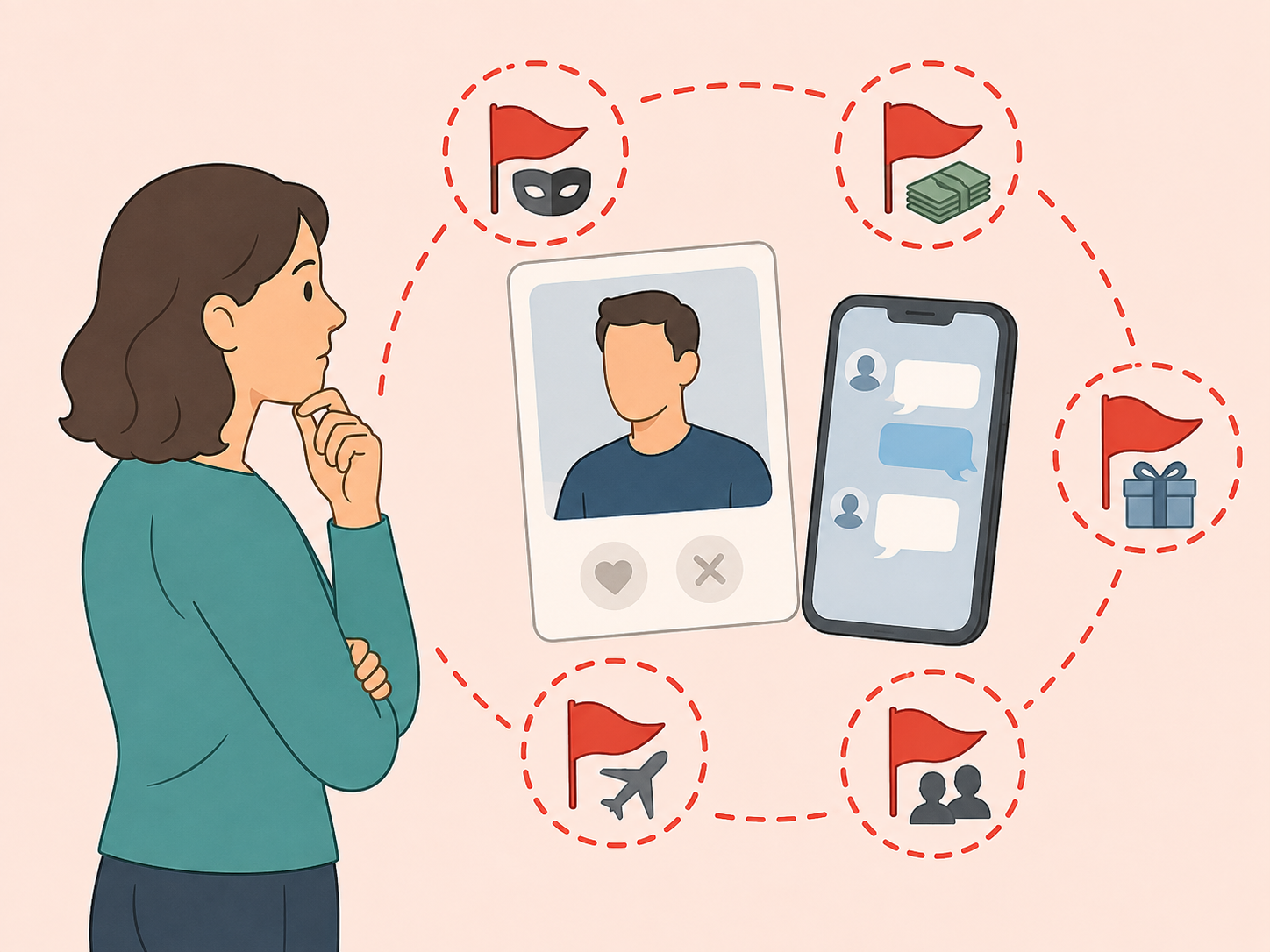 Person looking for dating relationship red flags on a phone.