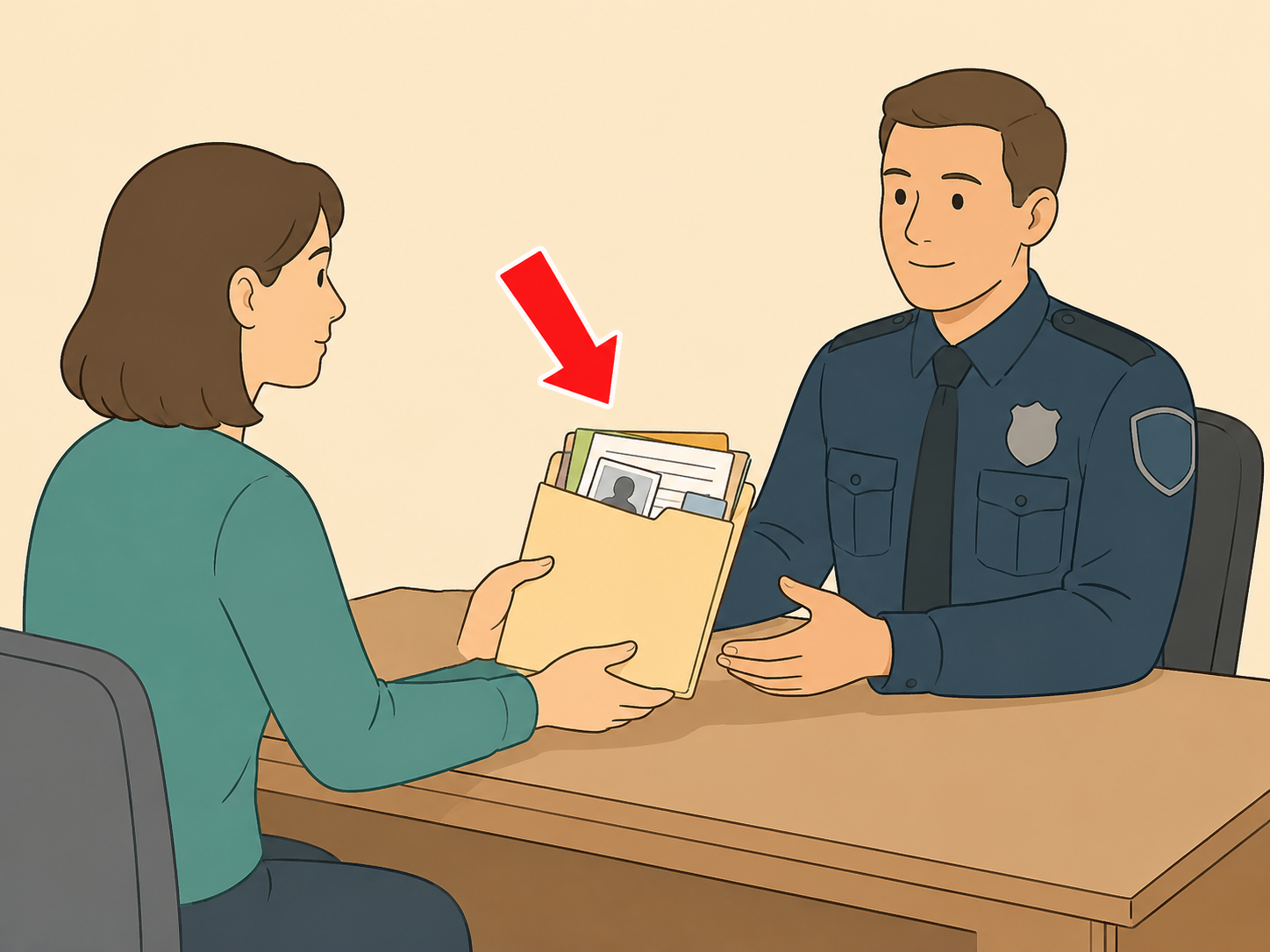 Person reporting suspected danger to local authorities with organized notes.