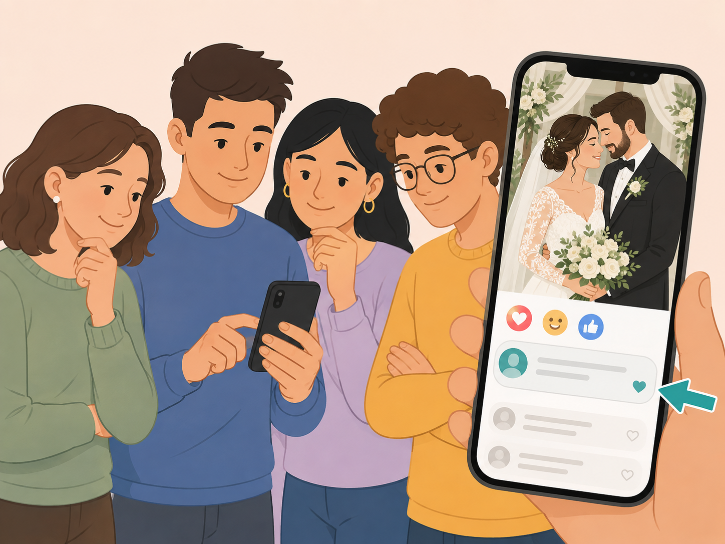 Illustration of someone responding kindly to a wedding dress photo on a phone.