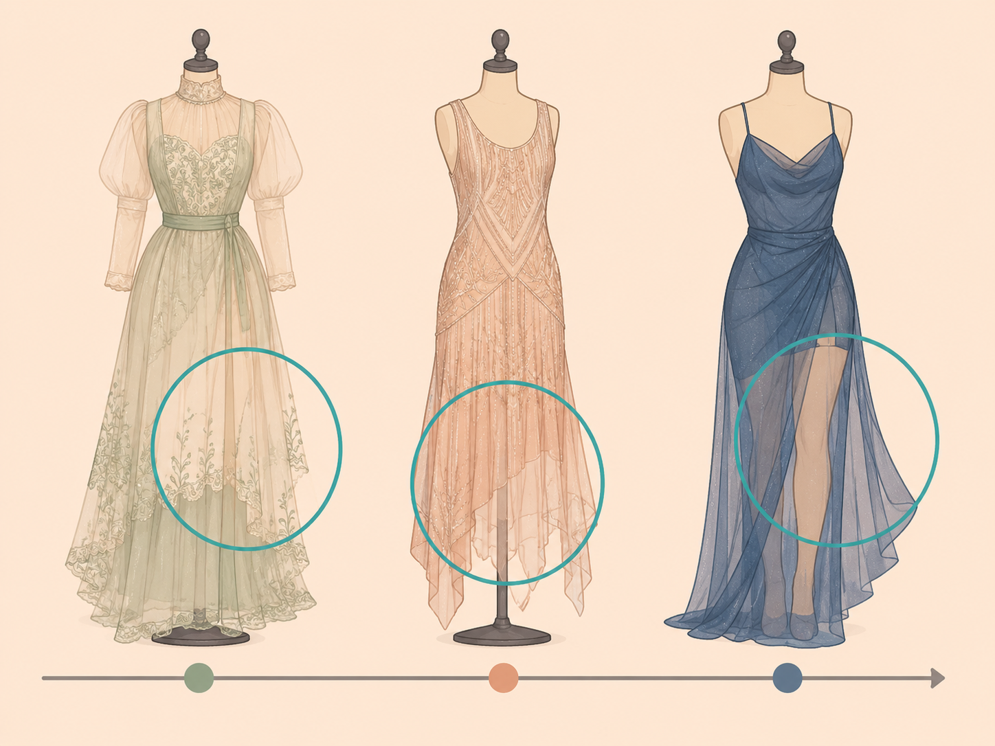 A fashion timeline showing sheer dresses from different eras.